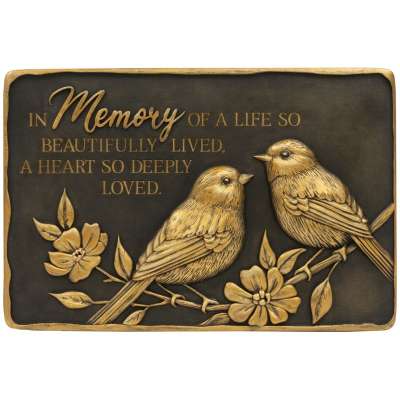 Rectangular memorial plaque with two gold birds on branches and an engraved sympathy verse.