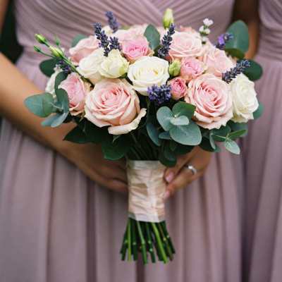 Handheld bouquet of pink and white roses with purple accents