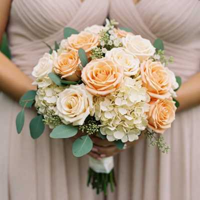 Peach and white rose bouquet with pale hydrangeas
