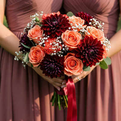 Bouquet of peach roses and dark burgundy dahlias with baby's breath