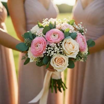 Bridal bouquet of pink and ivory roses with greenery