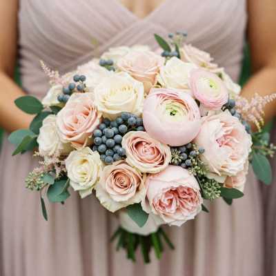 Blush and white rose bouquet with blue berries