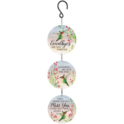 Hanging three-disc sign with hummingbirds, pink flowers, and sympathy quote text