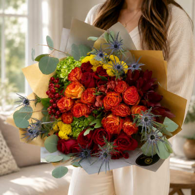 Large bouquet of red and orange roses with yellow blooms and blue thistle accents