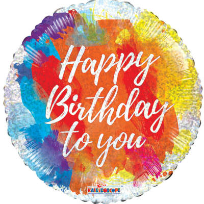 Round foil balloon with colorful paint strokes and Happy Birthday to you text