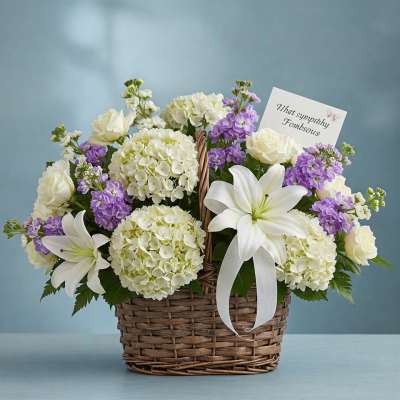 Basket of white lilies, hydrangeas, and purple flowers with a sympathy card