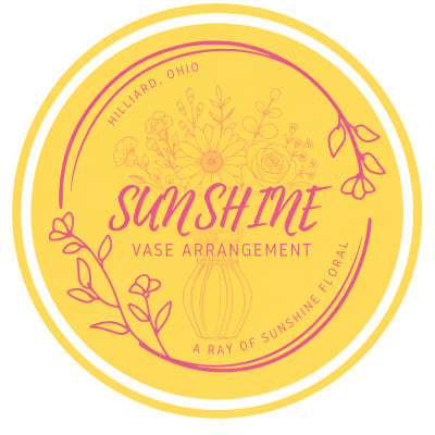 Yellow circular label with pink floral line art and the words "Sun Shine Vase Arrangement"