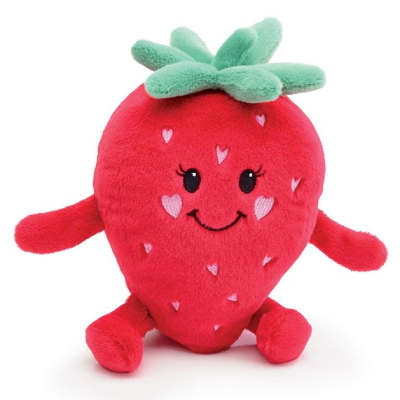 Plush red strawberry toy with smiling face, heart details, and green top leaves