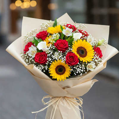 Bouquet of red roses, sunflowers, and white flowers wrapped in beige paper