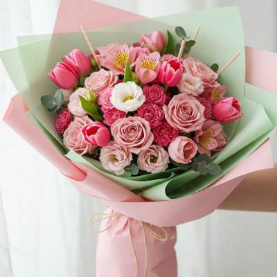 Pink bouquet with roses, tulips, and white blooms wrapped in pastel paper