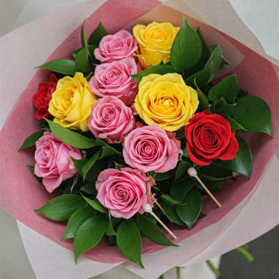 Bouquet of pink, yellow, and red roses wrapped in pink paper
