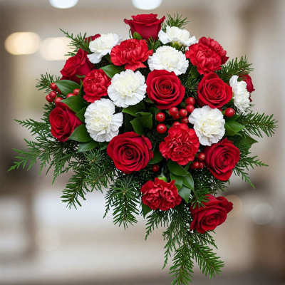 Red roses and white carnations in a festive bouquet with evergreen accents