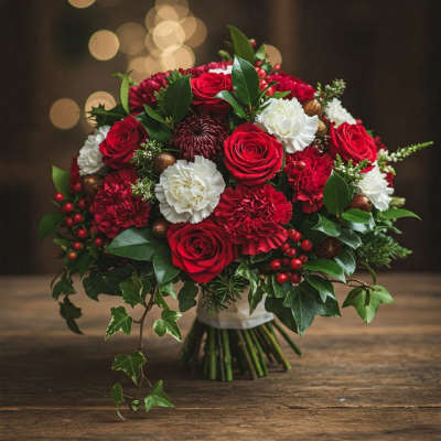 Red and white floral bouquet with roses and carnations
