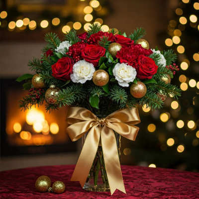 Red and white roses in a glass vase with gold ornaments and a satin bow