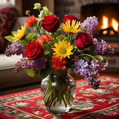 Bouquet of red roses, yellow daisies, and purple lilacs in a glass vase