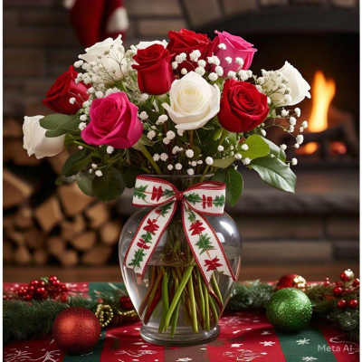 Bouquet of red, pink, and white roses in a glass vase with a holiday ribbon.