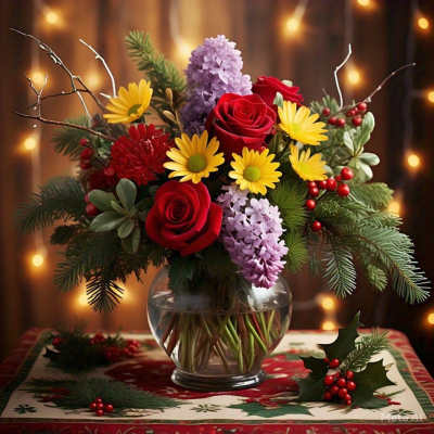 Holiday bouquet of red roses, yellow daisies, and purple blooms in a glass vase