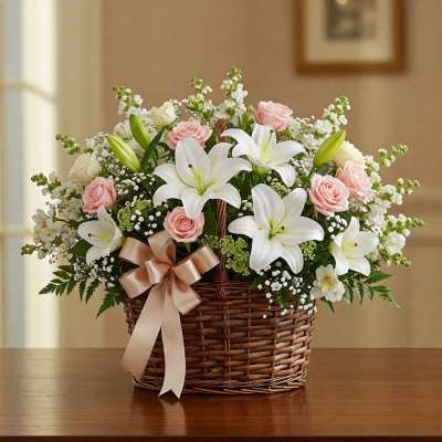 Pink roses and white lilies in a wicker basket with a ribbon bow