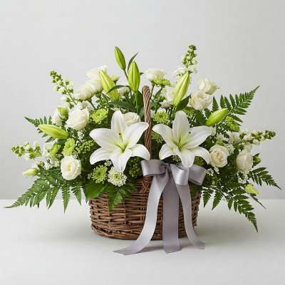 White lilies and roses in a wicker basket with a gray ribbon