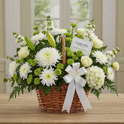 White flowers and green mums in a wicker basket with a sympathy card and ribbon