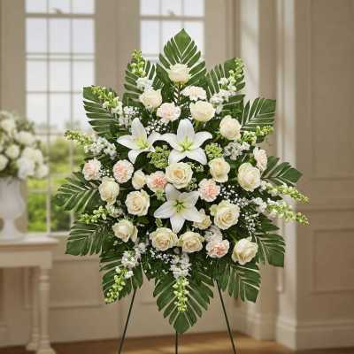 White floral standing spray with roses and lilies on an easel