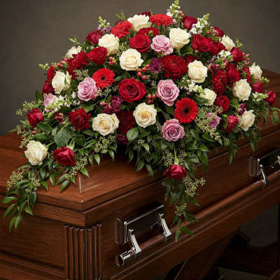 Casket spray of red, white, and pink roses with red daisies