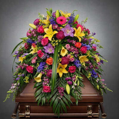 Colorful floral casket spray with lilies, roses, and orchids