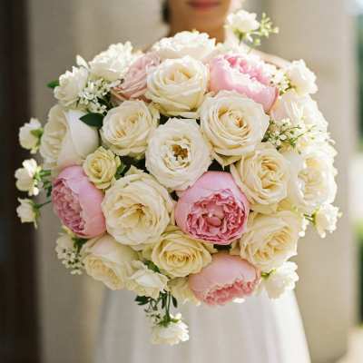 Round bouquet of white and pink roses held in front of a dress
