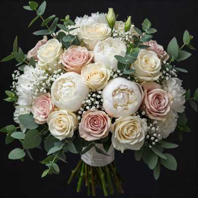Bouquet of cream and blush roses with white peonies and eucalyptus