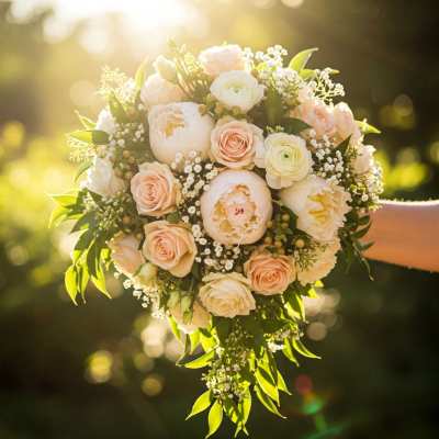 Peach and white bridal bouquet with roses and peonies