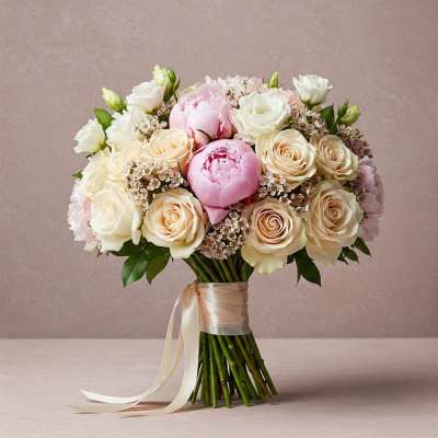 Bouquet of pink and white roses with peonies tied with a satin ribbon