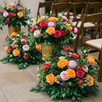 Three floral arrangements with roses and mixed blooms in gold containers