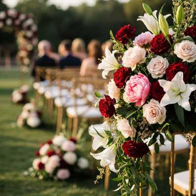 Wedding chair floral arrangement with red, pink, and white blooms