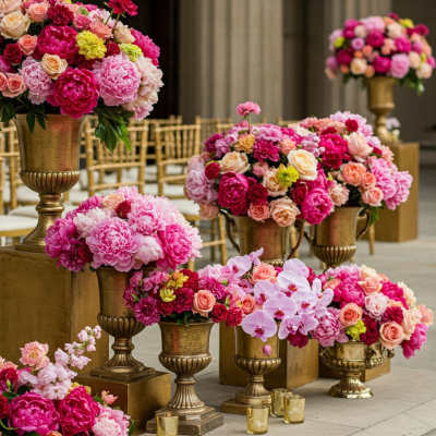 Pink and peach floral arrangements in gold urns and vases