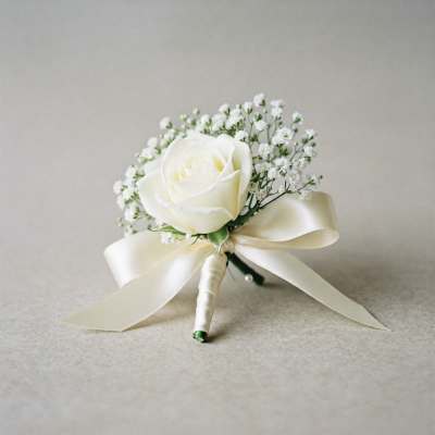 White rose boutonniere with baby's breath and satin ribbon