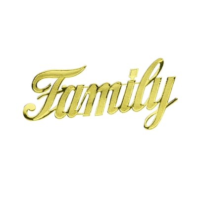 Gold script word "Family" on a white background