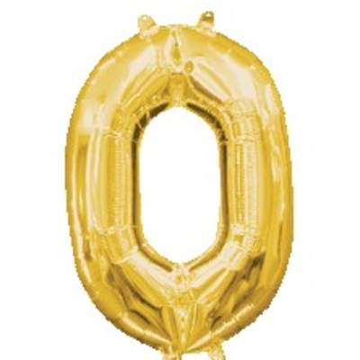 Gold foil balloon shaped like the number zero