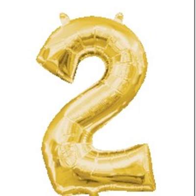 Gold foil balloon shaped like the number two on a white background
