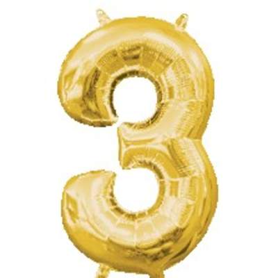 Gold foil number three balloon on a white background