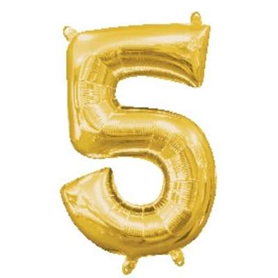 Gold foil balloon in the shape of the number five on a white background