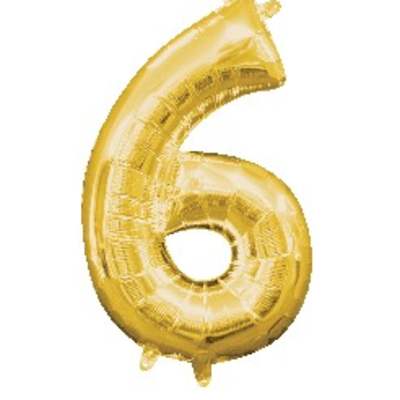 Gold number six foil balloon on white background