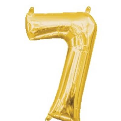 Gold foil number seven balloon on a white background