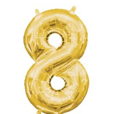 Gold foil number eight balloon on a white background