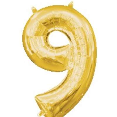 Gold foil number 9 balloon against a white background