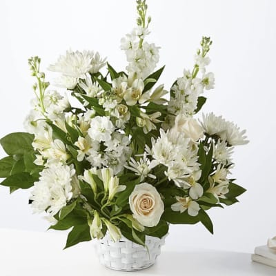 White flowers arranged in a white basket with green foliage