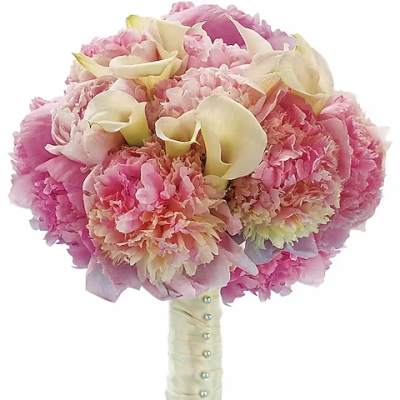 Pink bouquet with cream calla lilies and a wrapped handle