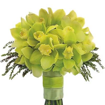 Green orchid bouquet with a ribbon-wrapped stem