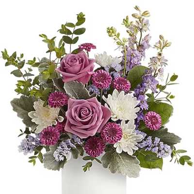 Pink roses with white daisies and purple flowers in a white vase