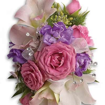 Pink and purple floral bouquet with roses and orchids