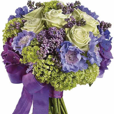 Bouquet of pale green roses and purple flowers tied with a purple ribbon